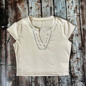 Cream Women's Top with Embroidered Detail